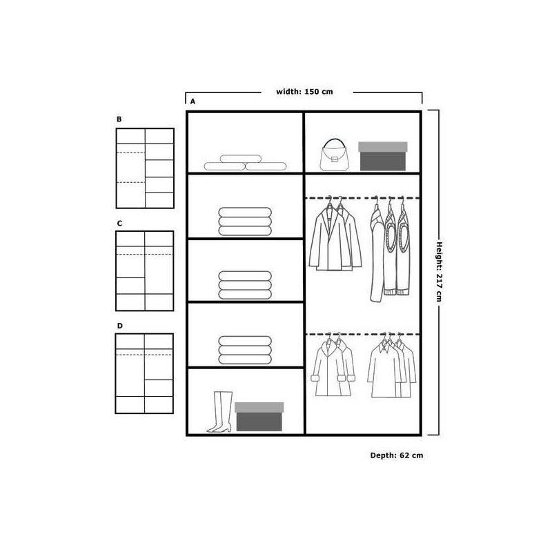 Bellarae Laminate Wardrobe, Black (Black Strip), 217cm H x 150cm W x 62cm D
