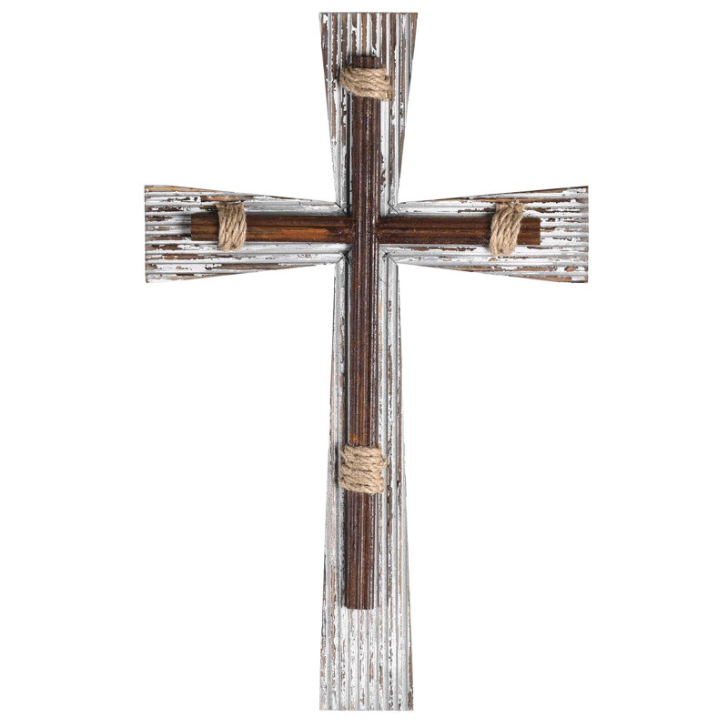 Wall Cross White Wood Iron Rope 19.75h