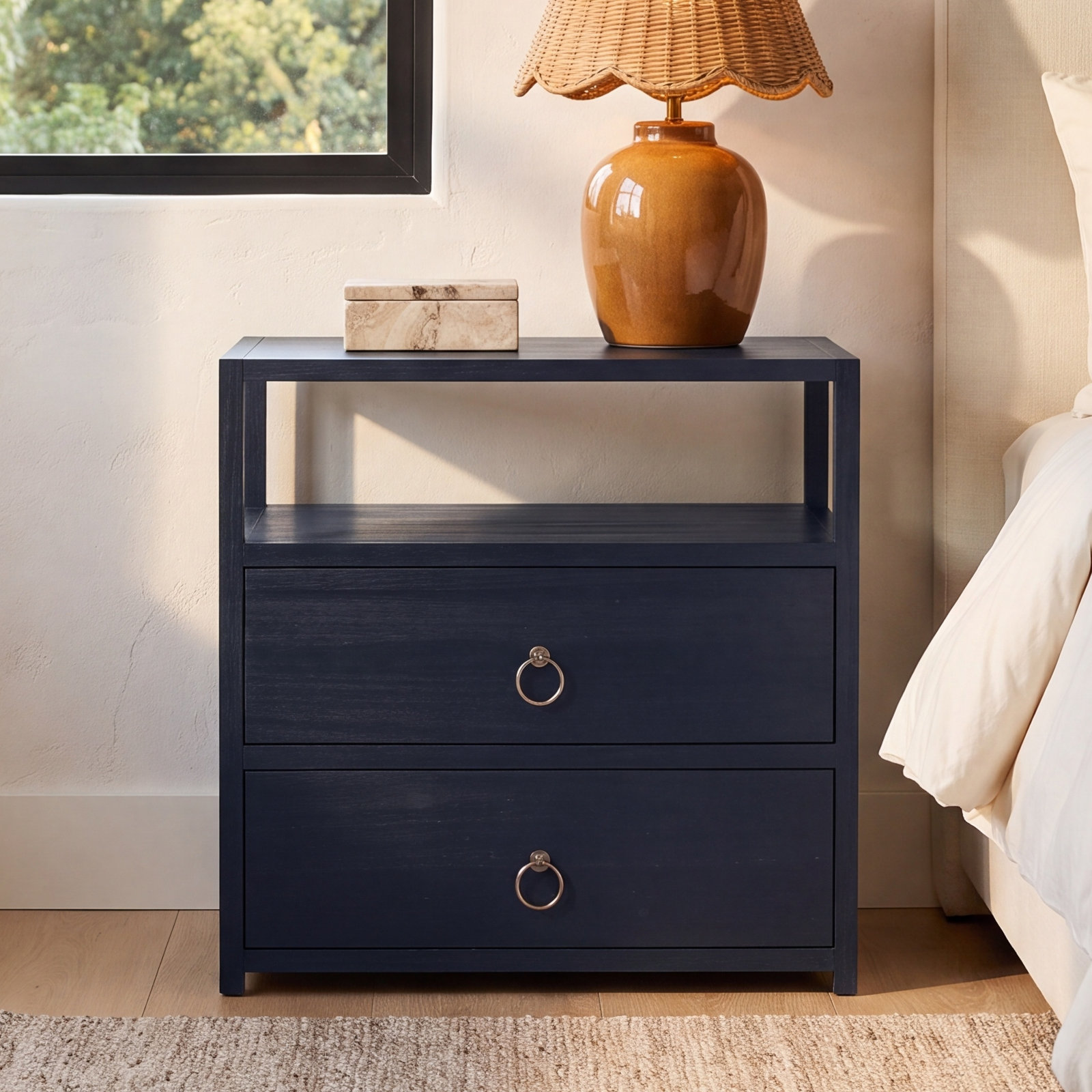 Elin 2-Drawer Acacia Nightstand, Navy Blue