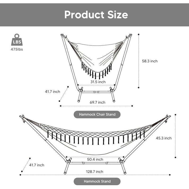 Hamac double portatif convertible 2 en 1 avec support inclus, hamac d'extérieur et support, breveté, gris foncé avec pampille