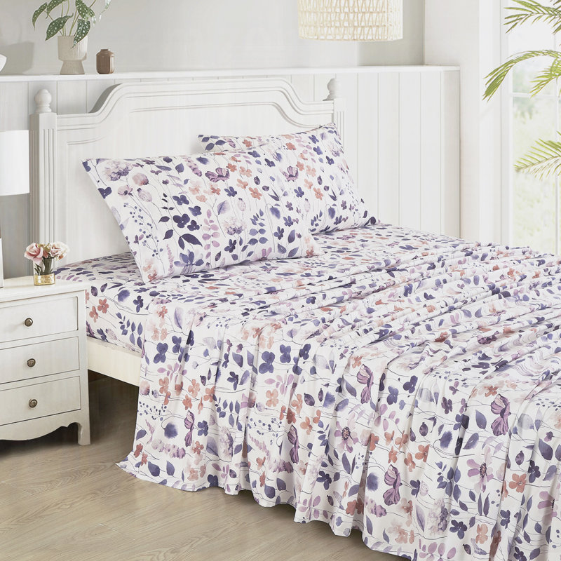 Ensemble de draps ultra doux en microfibre blanche et mauve à imprimé floral, Couvre-lit simple + 1 taie d'oreiller
