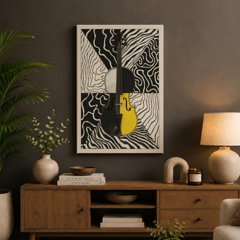 Yellow Cat in Symmetry Modern - Wrapped Canvas, 30x20 - 76.2 x 50.8 cm, Taupe Border