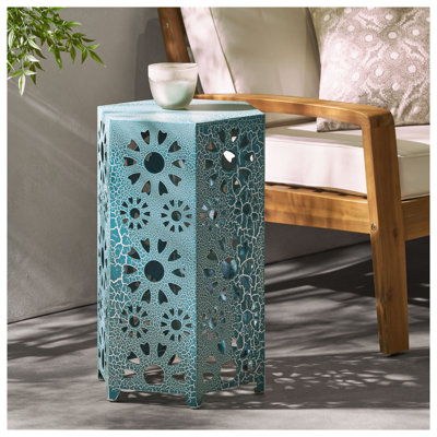Table d'appoint Galore en métal bleu sarcelle avec découpe Sunburst