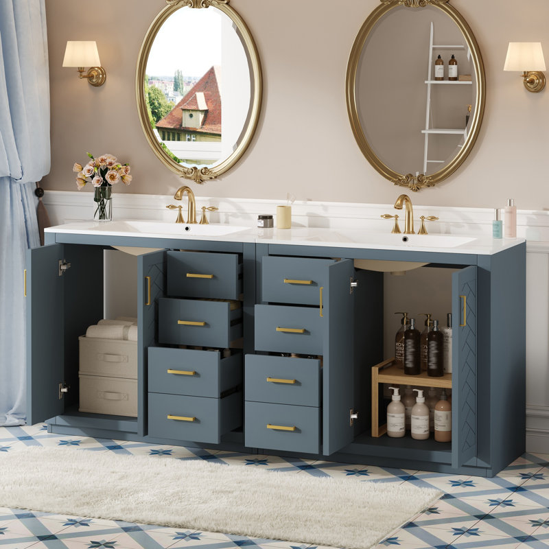 Meuble-lavabo 72 po avec lavabo en céramique, Bleu / doré
