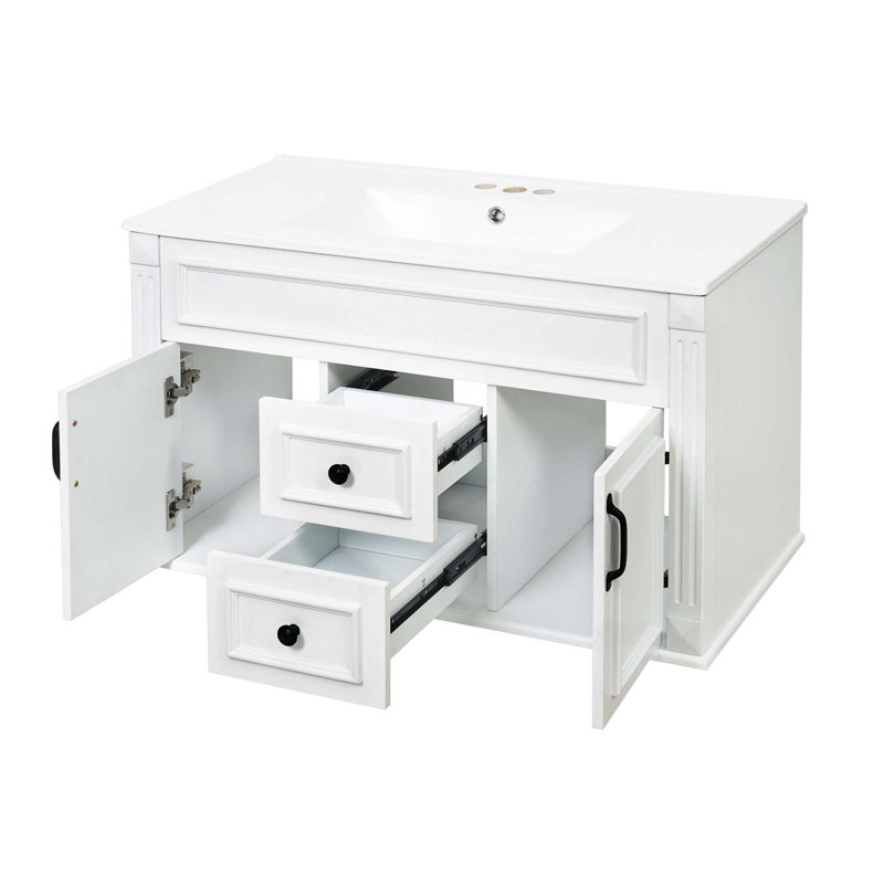 Meuble-lavabo mural de style français avec lavabo en céramique et charnières à fermeture douce, Blanc