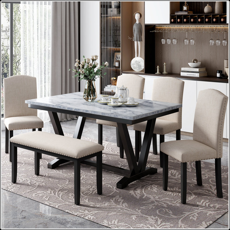 Table de salle à manger 6 pièces avec 4 chaises et 1 banc, table avec placages marbrés