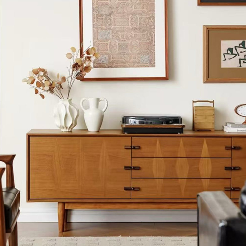 Solid Wood Frame TV Stand with  Adjustable Shelves, 25.59"H x 78.74"L x 15.74"W