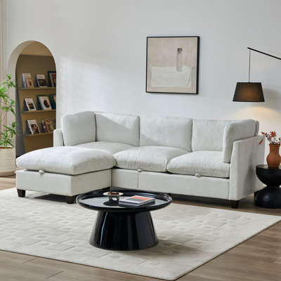 96.5"  Sectional Couch For Living Room, Upholstered Soft Chenille Fabric Sofa, 3-Seater With One Ottoman L Shape Sofa Beige