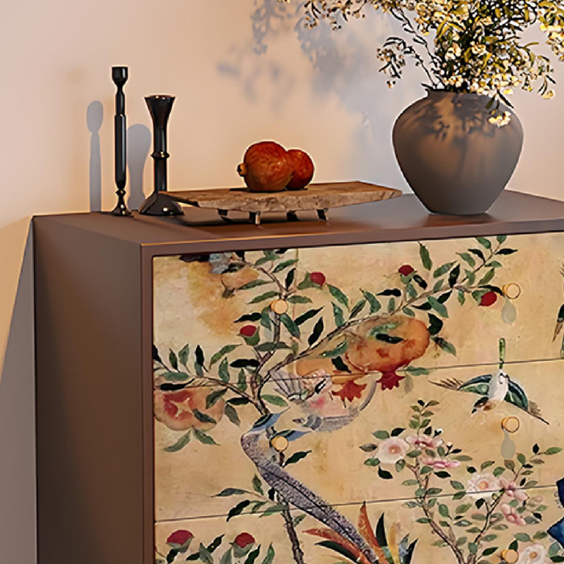 Armoire de rangement en bois massif à 5 tiroirs Floral Bird, Noyer