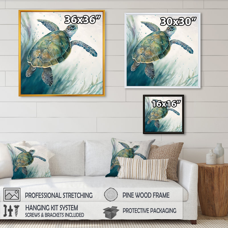 Tortue aquarelle nageant I - reproduction sur toile, H 16 po x l 16 po x P 1 po, Toile avec cadre flottant noir
