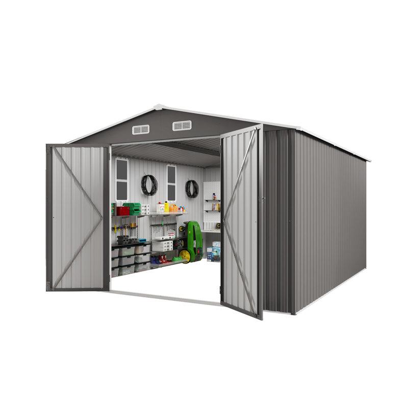 Large Grey Metal Outdoor Storage Shed With Double Door And Windows, Waterproof, For Grill Generator In Backyard Two Waterproof Tool Backyard, Patio, Lawn, Poolside, Grey, Ideal Snow ,