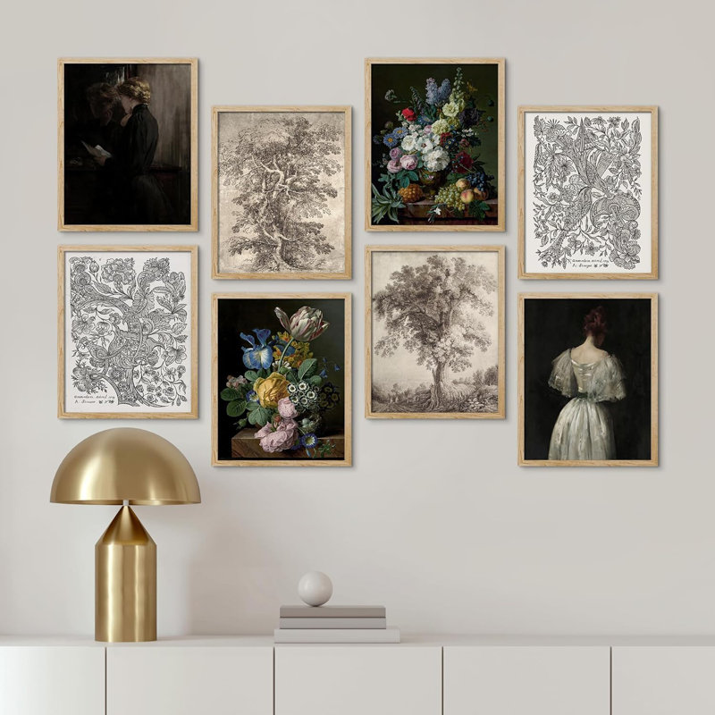 Fleur, croquis de bouquet rustique, arbres, forêt, nature, femme, portrait, 8 pièces, L 11 po x H 14 po, Encadré naturel