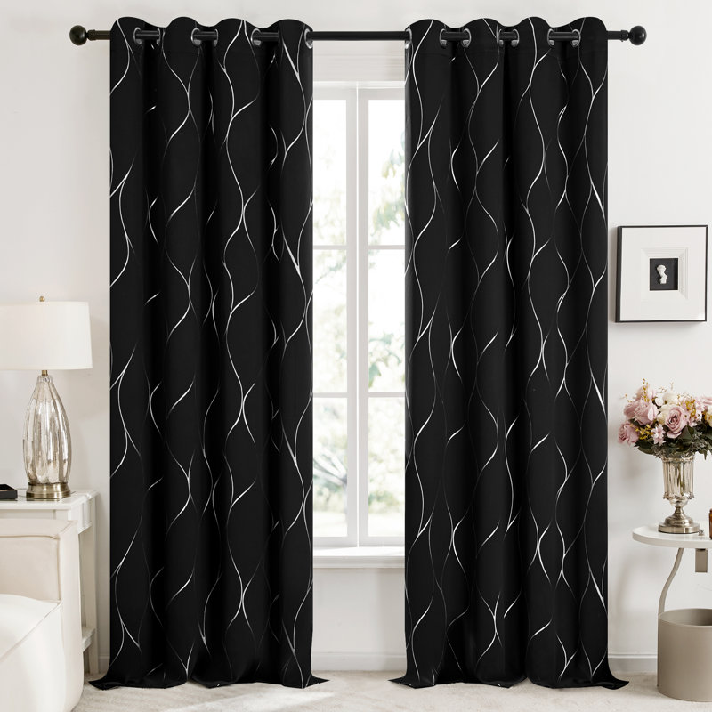Kellda Thermal Room Darkening Polyester Curtain Panels, Black, 52" W x 84" L
