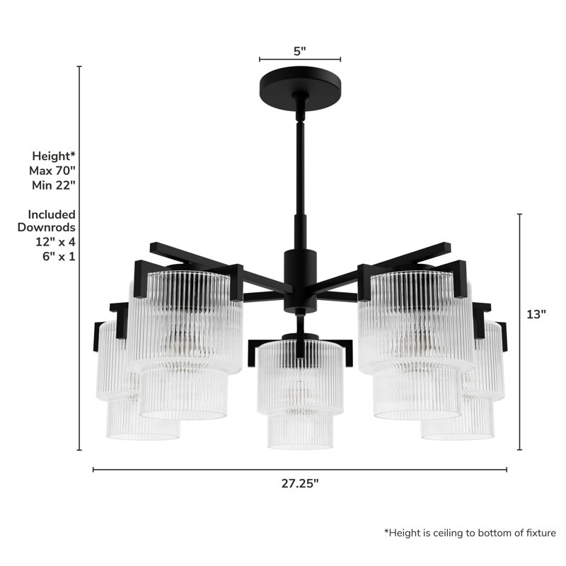 Hunter x Jasmine Roth Ontario 5 Light Chandelier Ceiling Light Fixture, Clear, Matte Black