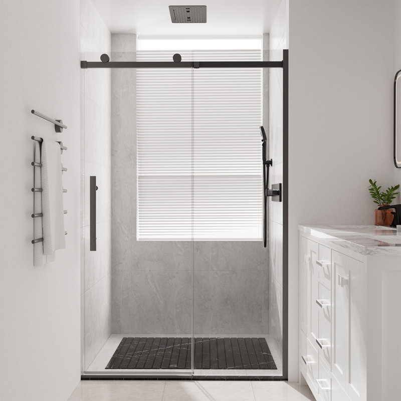 Porte de douche coulissante simple réversible sans cadre de 44 à 48 po x H 76 po avec verre trempé transparent de 3/8 po