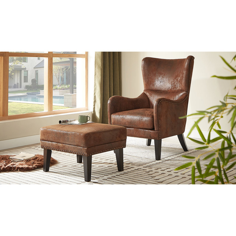 Gunner Contemporary Wingback Accent Chair and Ottoman Set with Nailhead Trim & Scooped Arms for Living Room, Bedroom & Reading Nooks