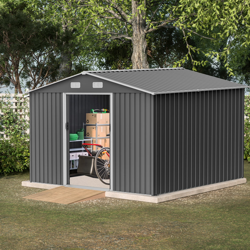 Remise extérieure 10 x 8 pi avec structure en métal, verrouillable, installation de rangement au fini gris, porte verrouillable