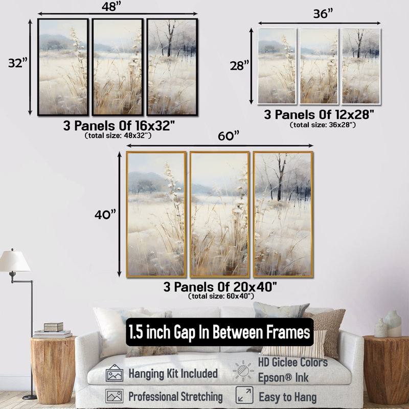 «Winter Meadow View Calmness I», art mural prairie, H 32 po x l 48 po x P 1 po, Cadre flottant brun