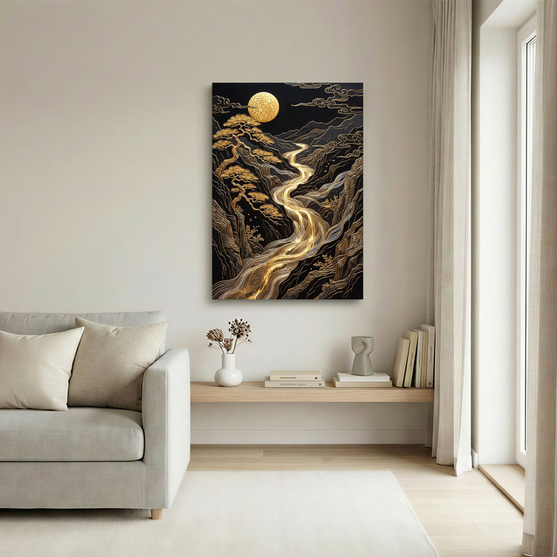 Art mural sur toile Golden Moon Over Pine Trees and Winding River, H 18 po x l 12 po