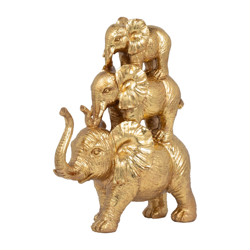 Stacked Elephant Figurine Statue for Home Decor - Decorative Sculpture Object for Table Accent, or Living Room Decoration - 10", Gold & Metallic