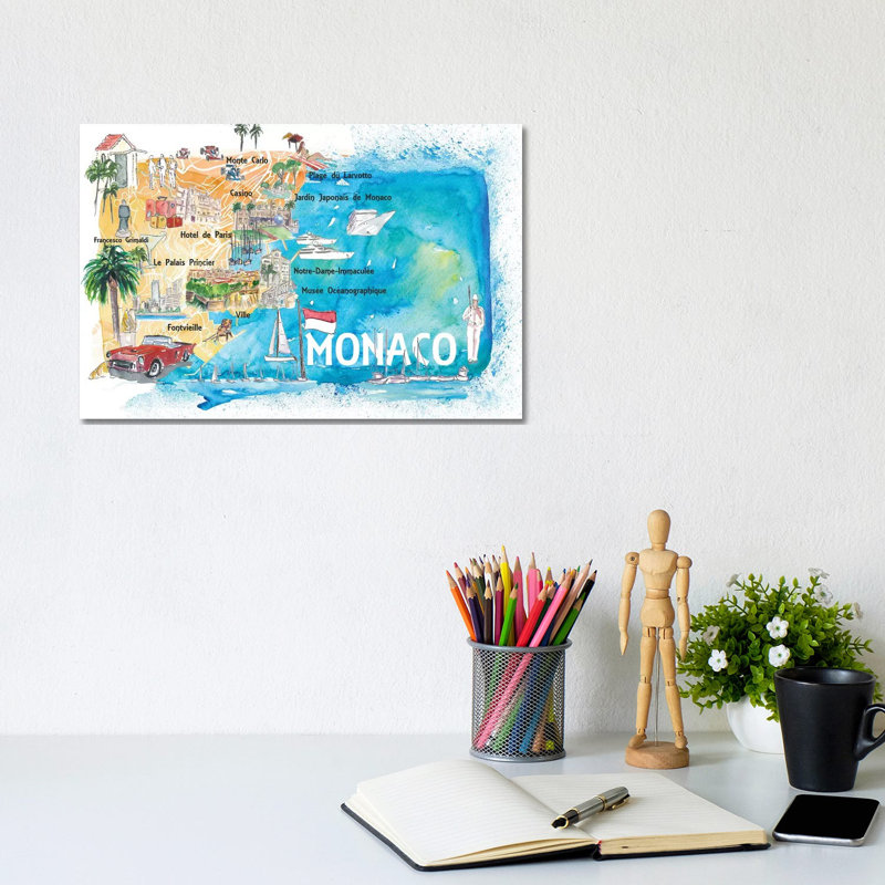 Monaco Monte Carlo Illustrated Map With Landmarks And Highlights by Markus & Martina Bleichner - Wrapped Canvas Painting