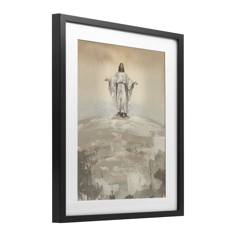 «Jesus on Hill», reproduction sous verre encadrée, conception par Elizabeth Medley, H 21 po x l 17 po, Cadre noir minuit