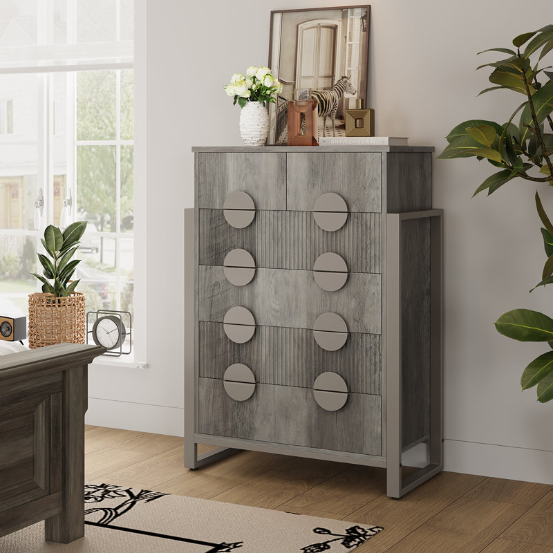 Ebern Designs Modern 6 Drawer Dresser, Dressers For Bedroom, Textured Wood Sticks Borders H Legs For Bedroom,living Room, Hallway