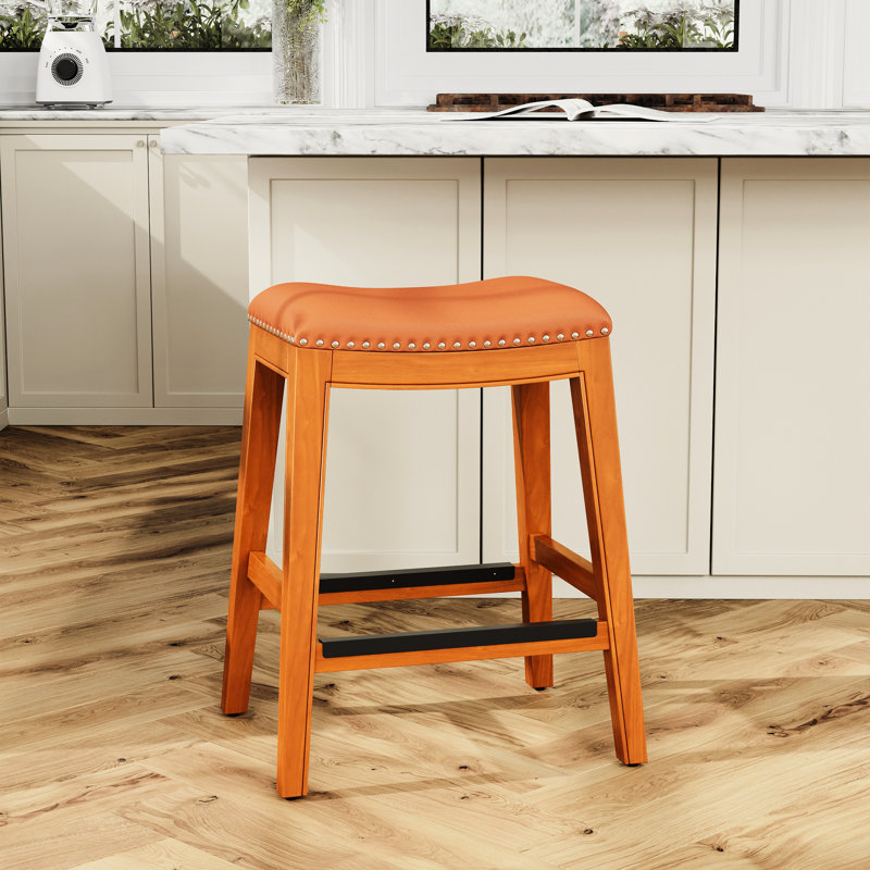 Tabouret de comptoir naturel 24 po avec siège en cuir reconstitué - et tabouret au design élégant, Brun, Naturel