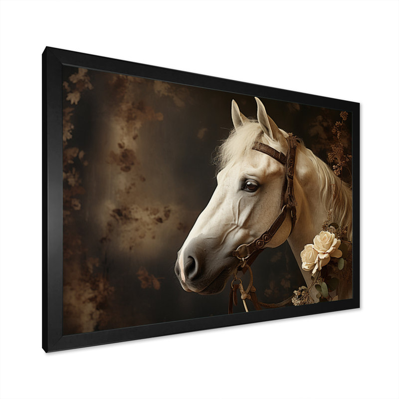«White Beige Horse Majestic Duality» sur toile, H 16 po x l 32 po x P 1 po, Cadre photo noir