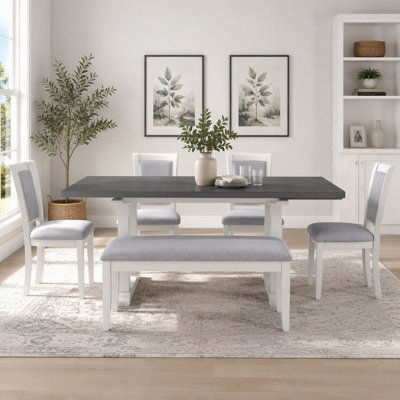 6-Piece Updated Extendable Trestle Dining Set with 76.9" Table, Removable Leaf, Upholstered Side Chair, and Bench
