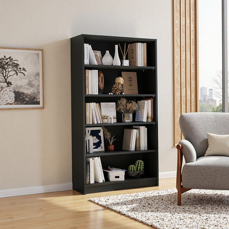Heavy-Duty Adjustable Shelf Bookcase 5 Tier Wide Manga Bookshelves Library Office Bookcase, Black