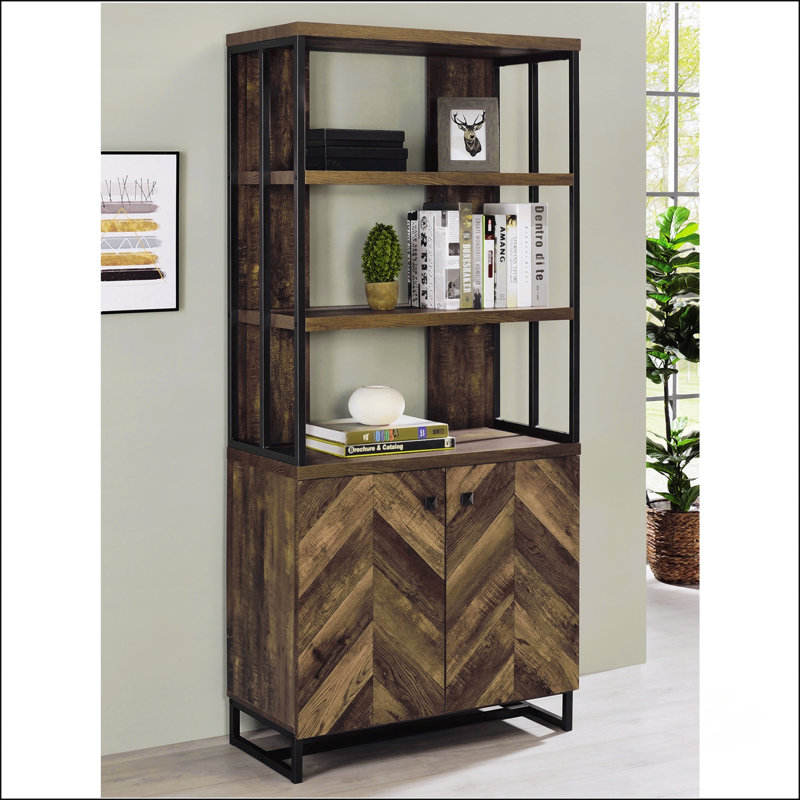 2-Door Bookcase In Rustic Oak Herringbone And Gunmetal