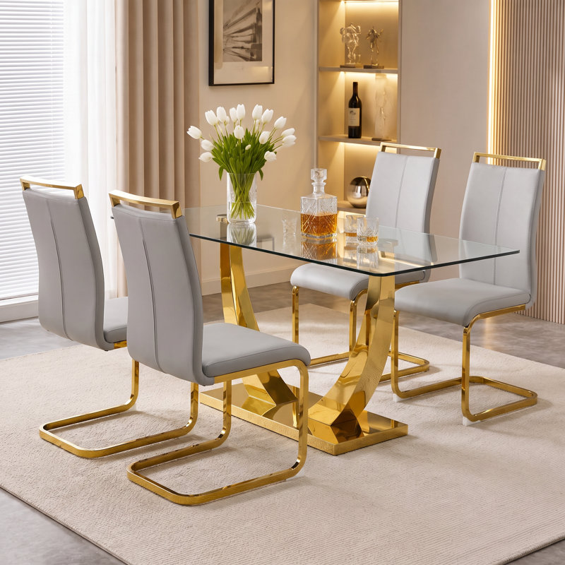 Ensemble de salle à manger 5 pièces rectangulaire moderne en verre trempé avec base en métal et chaises en porte-à-faux en similicuir