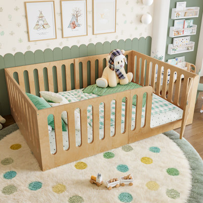 Full Size Solid Wood Montessori Floor Bed for Kids with High Fence & Door, Low-Profile, Natural