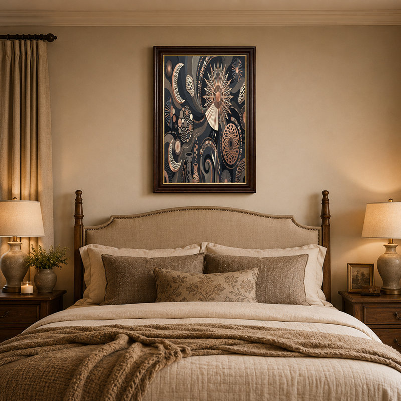 Bronze et noir, lune céleste, motif géométrique sur toile, H 16 po x l 24 po