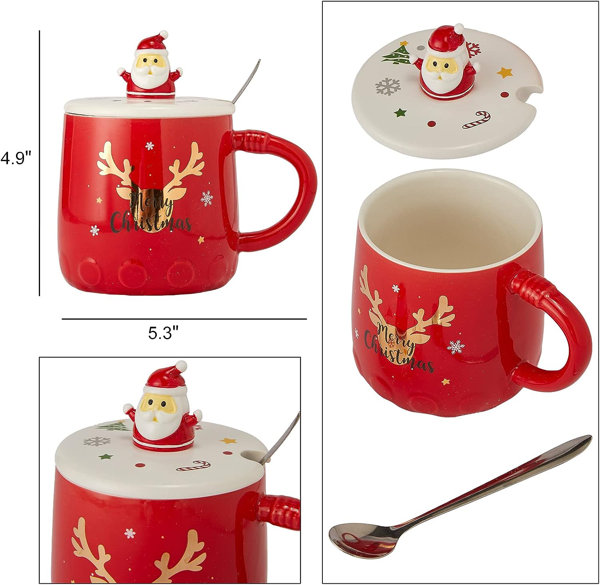 Santa's Christmas Reindeer Mug Festive with Spoon and Santa Hat Lid -  Ceramic Microwave & Dishwasher Safe - 14oz Holiday Mugs for Coffee, Hot