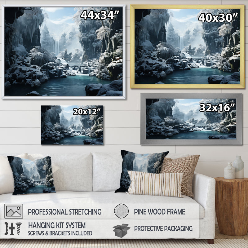 «Grey White Waterfall Frozen Symphony IV», reproduction sur toile, Cadre simple noir, H 16 po x l 32 po x P 1 po