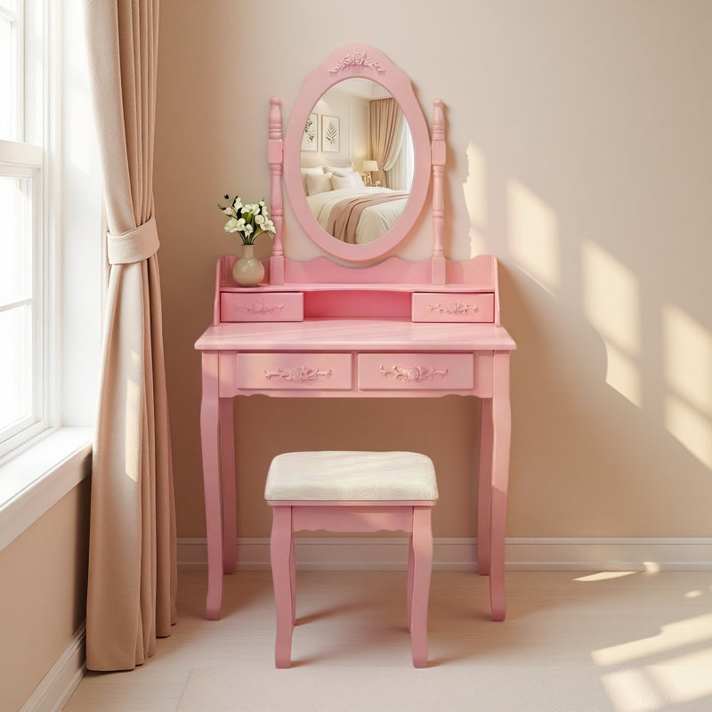 Ensemble de coiffeuse 4 tiroirs avec miroir et tabouret rembourré, Rose