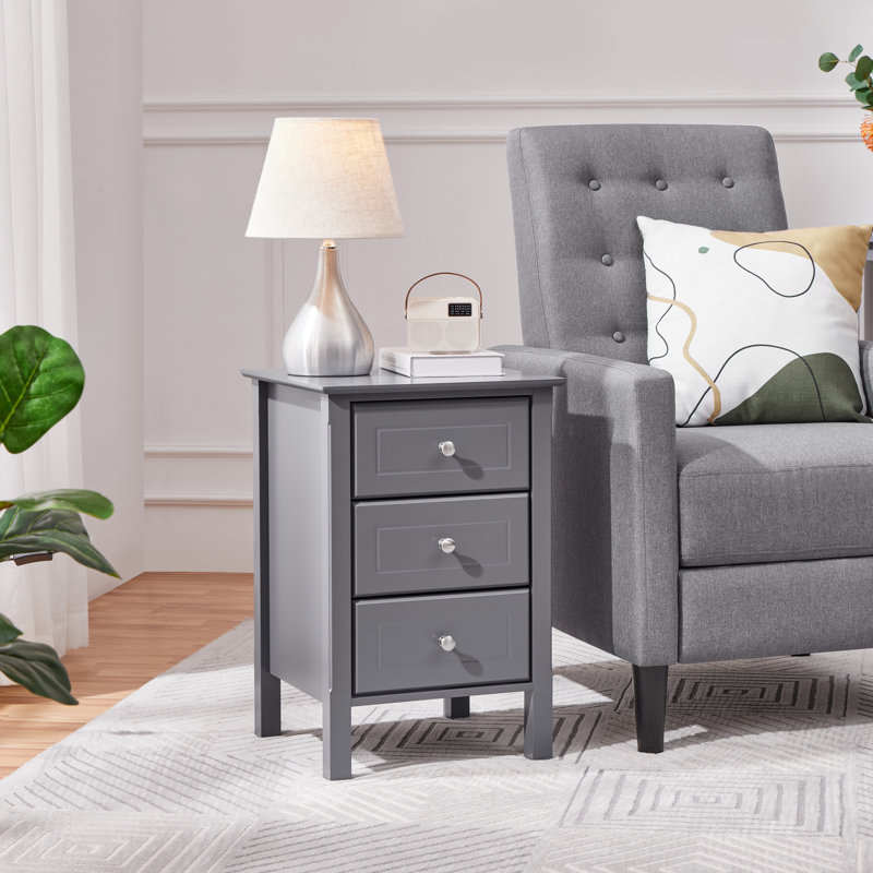 Modern 3 Drawer Bedside Table Nightstand, Grey, 2pcs