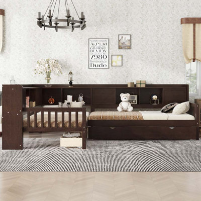 L-shaped Bed with Trundle,Storage Drawers and Shelves