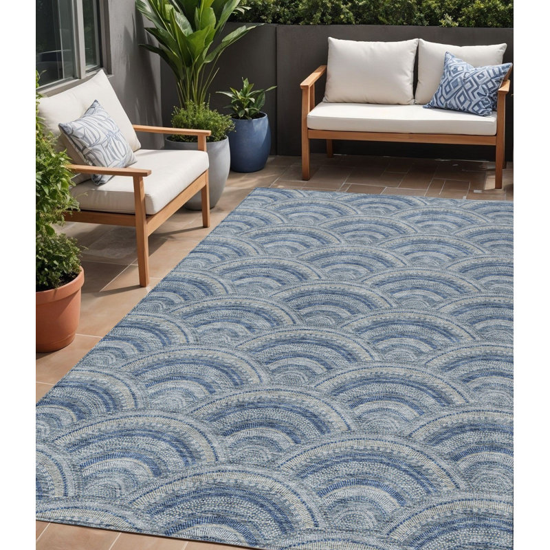 Tapis extérieur lavable à motif géométrique 5 pi x 8 pi bleu marine et ivoire