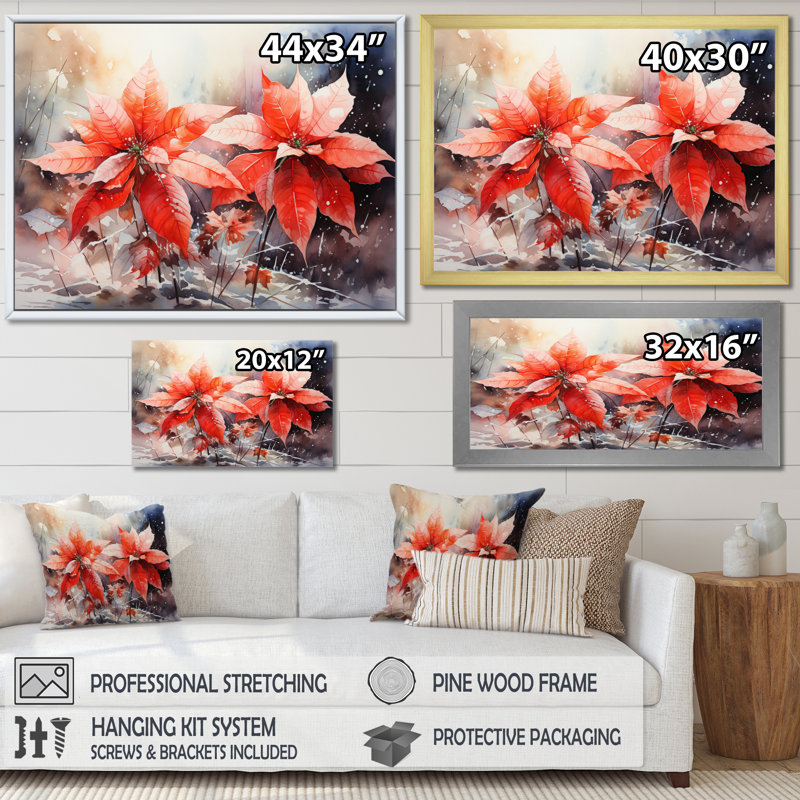 «Poinsettia Flower Expressions An I», reproduction d'art sur toile, H 24 po x l 32 po x P 1 po, Cadre flottant doré