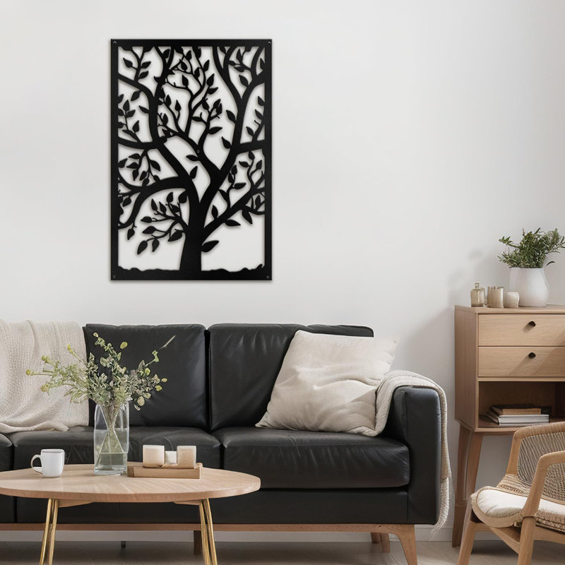 Arbre de vie silhouette décoration murale abstraite moderne sculpture suspendue décoration murale en métal, Noir