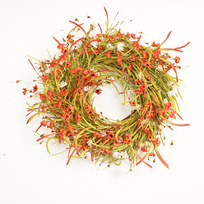 26" Artificial Farmhouse Autumn Harvest Greenery Grass Blossom Cluster Daisy Fall Front Door Wreath Thanksgiving Decor