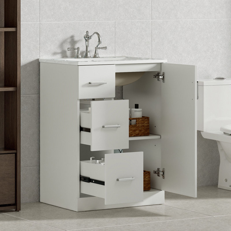 Meuble-lavabo moderne noir 24 po avec lavabo | 2 tiroirs et porte à fermeture douce pour les petits espaces, Blanc