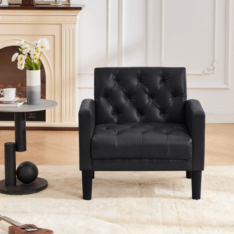 30.91"W Leather Tufted Accent Chair, Black