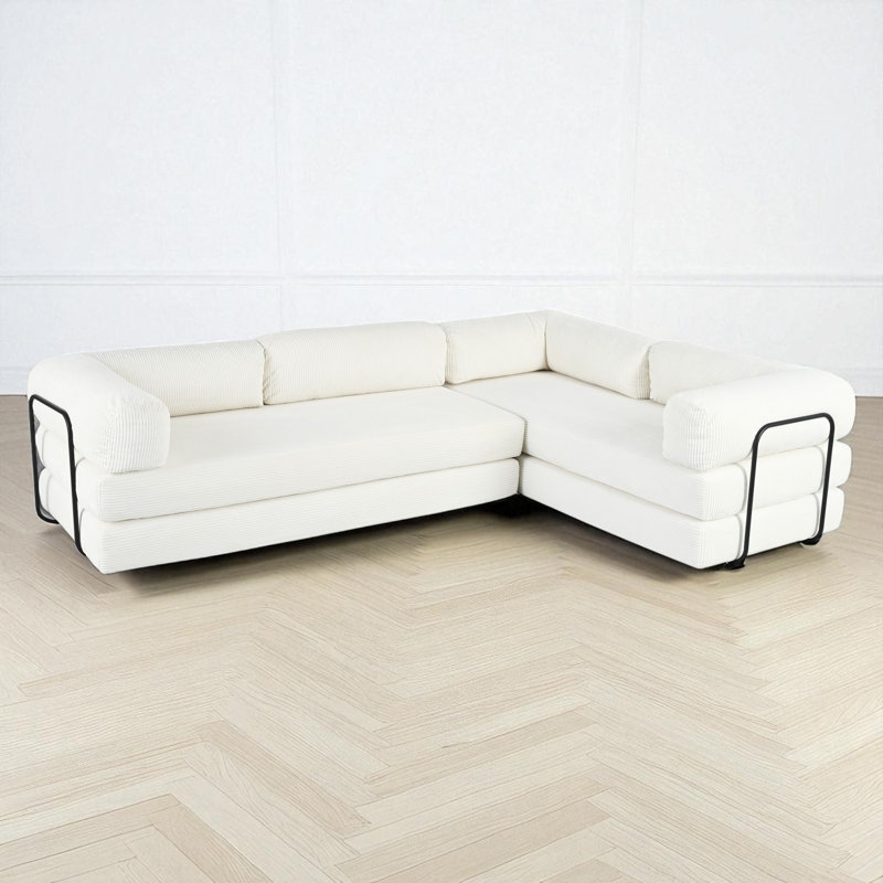 Modular Upholstered Boneless Sectional Sofa Bed, Beige Polyester