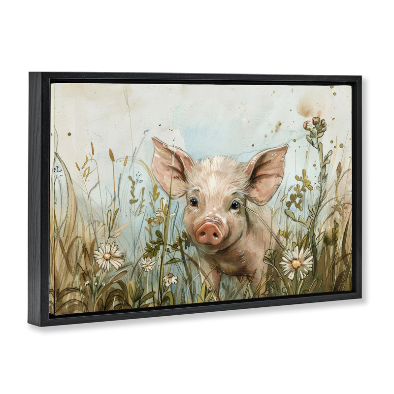 Porcelet parmi les fleurs, toile flottante encadrée par Petals Prints Design, Cadre flottant noir de jais, H 17 po x l 25 po