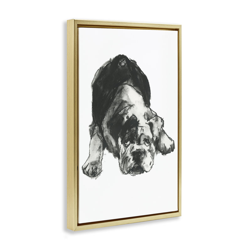 Bulldog, dessin sur toile par Cartissi, H 25 po x l 17 po, Cadre flottant métallique doré