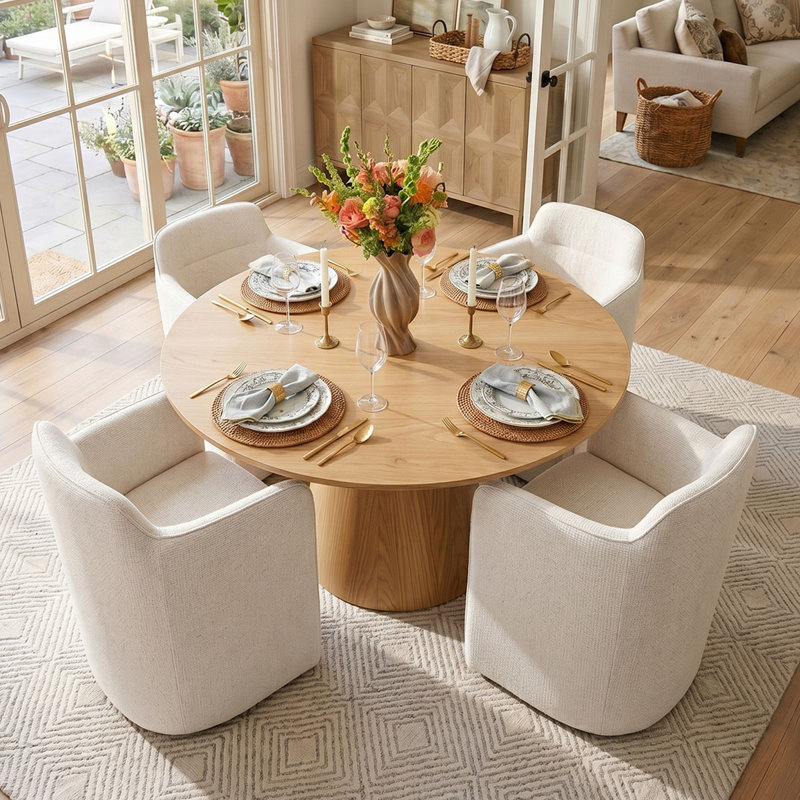 4 - Person Dining Table Sets With Solid  Round Table & 4 Upholstered Fabric Chairs, Beige, Yellow